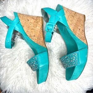 Nine West Teal Embellished strappy cork wedges